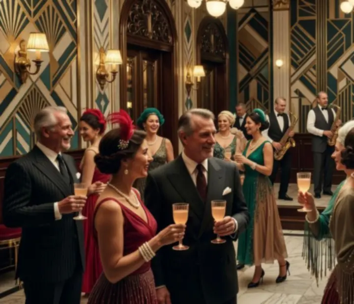 Art Deco hangulatú rendezvény geometrikus mintákkal és elegáns enteriőrrel