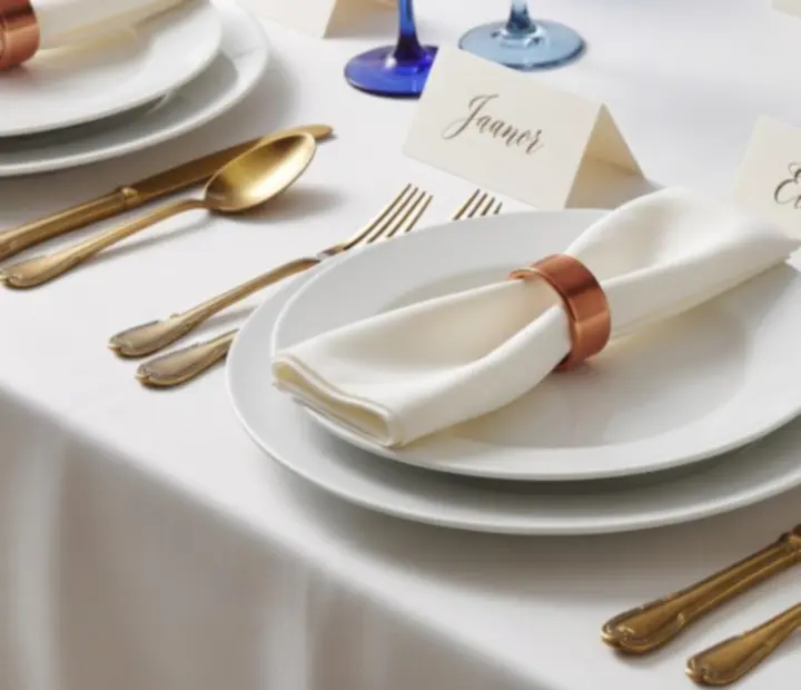 Gondosan megkomponált asztaldekoráció porcelánfehér és kék árnyalatokkal