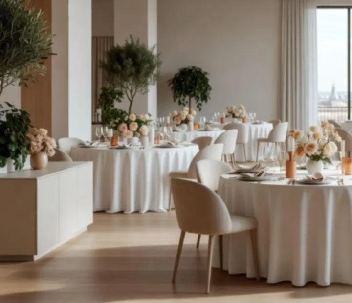 Elegánsan megvilágított rendezvényhelyszín rendezett asztalokkal