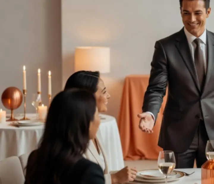 Elegáns műsorvezető mosolyogva, kézben mikrofonnal, vendégekre figyelve