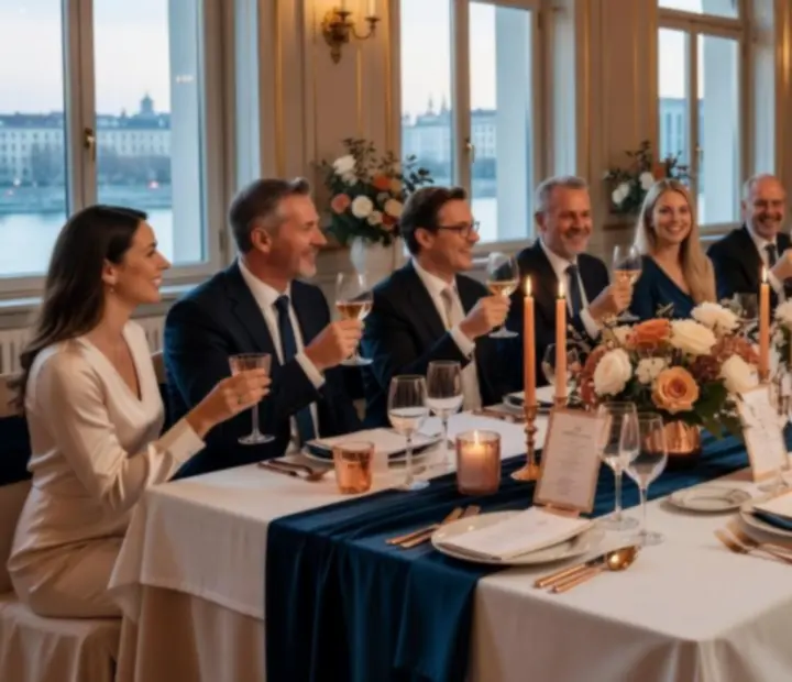 Elegánsan megterített, aprólékosan dekorált születésnapi asztal gyertyafénnyel