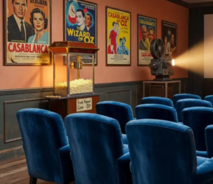 Vintage moziest klasszikus filmvetítéssel és popcorn bárral
